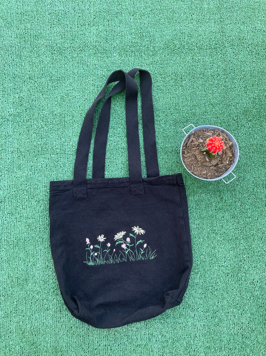 Flower tote, black tote, denim tote, totes