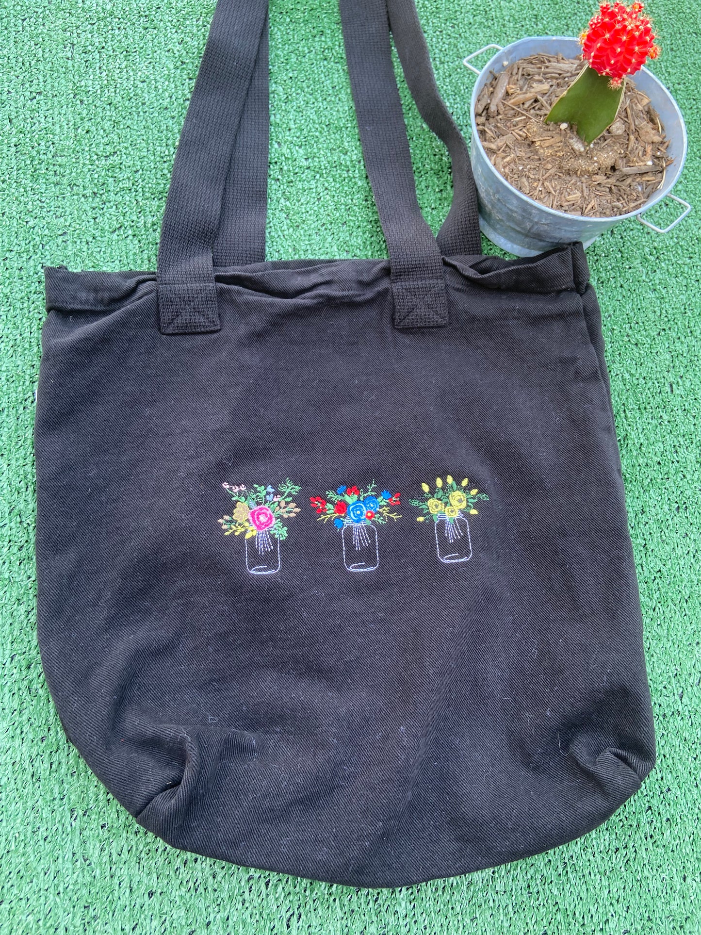 Flower tote, black tote, denim tote, cute totes, spring drop